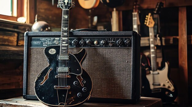 An electric guitar leaning against an amplifier