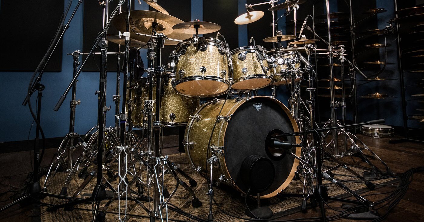 A professional drum kit in a studio