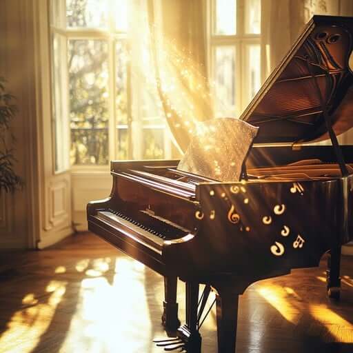 A beautiful grand piano in a sunlit studio